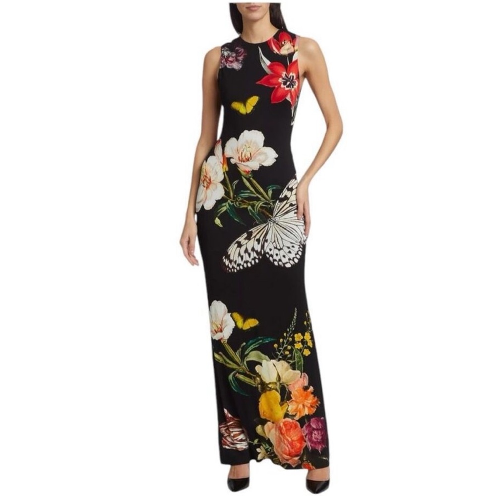 Black floral print maxi with open back dress by Alice + Olivia